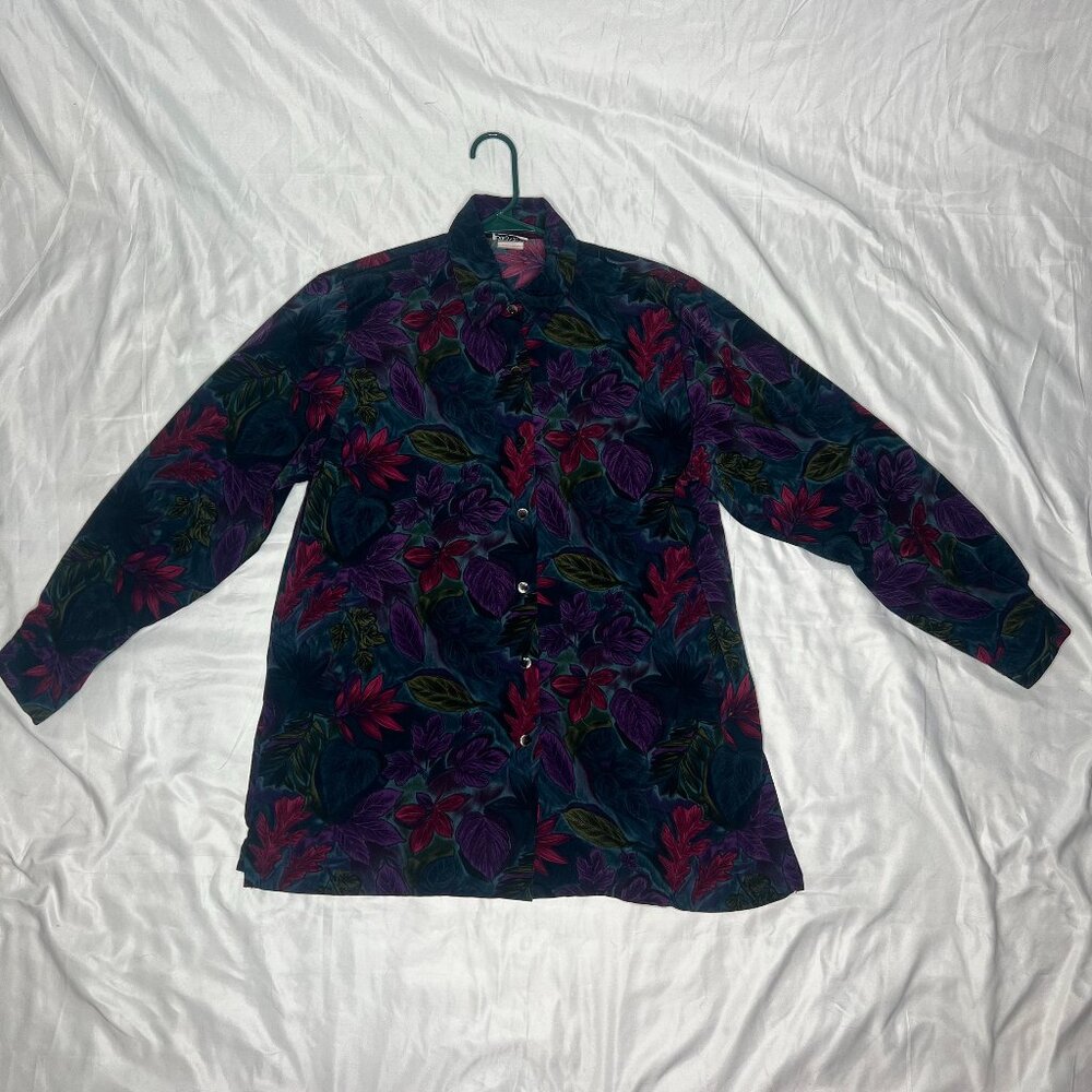 Women's Vintage Bonworth 90's Floral Long-Sleeve Button Up Shirt Deep Purple Top